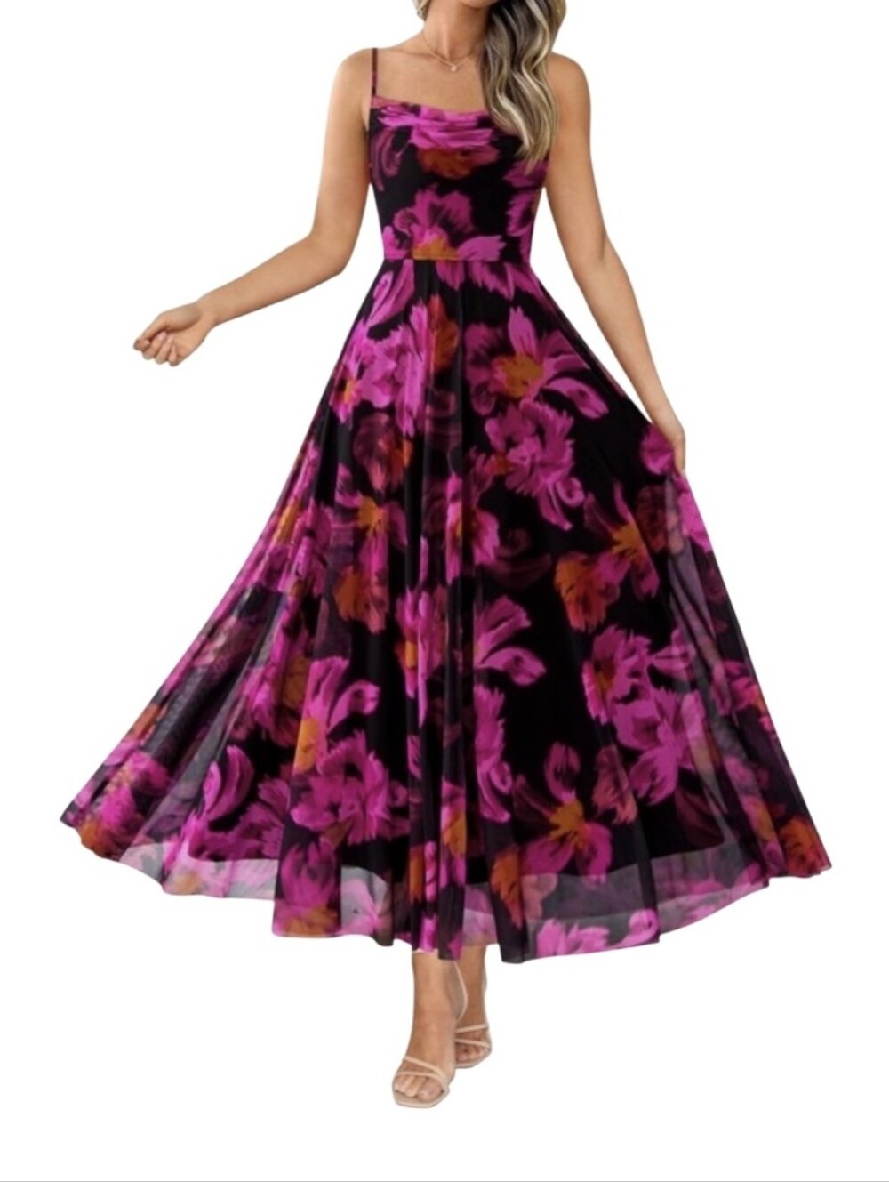 #6149 Floral Spaghetti-Strap Maxi Dress - Pink on Black